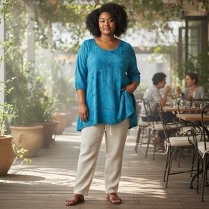 JM Collection Woman 2X Teal Embellished Tunic‎ Top Sequin Blouse 3/4 Sleeves